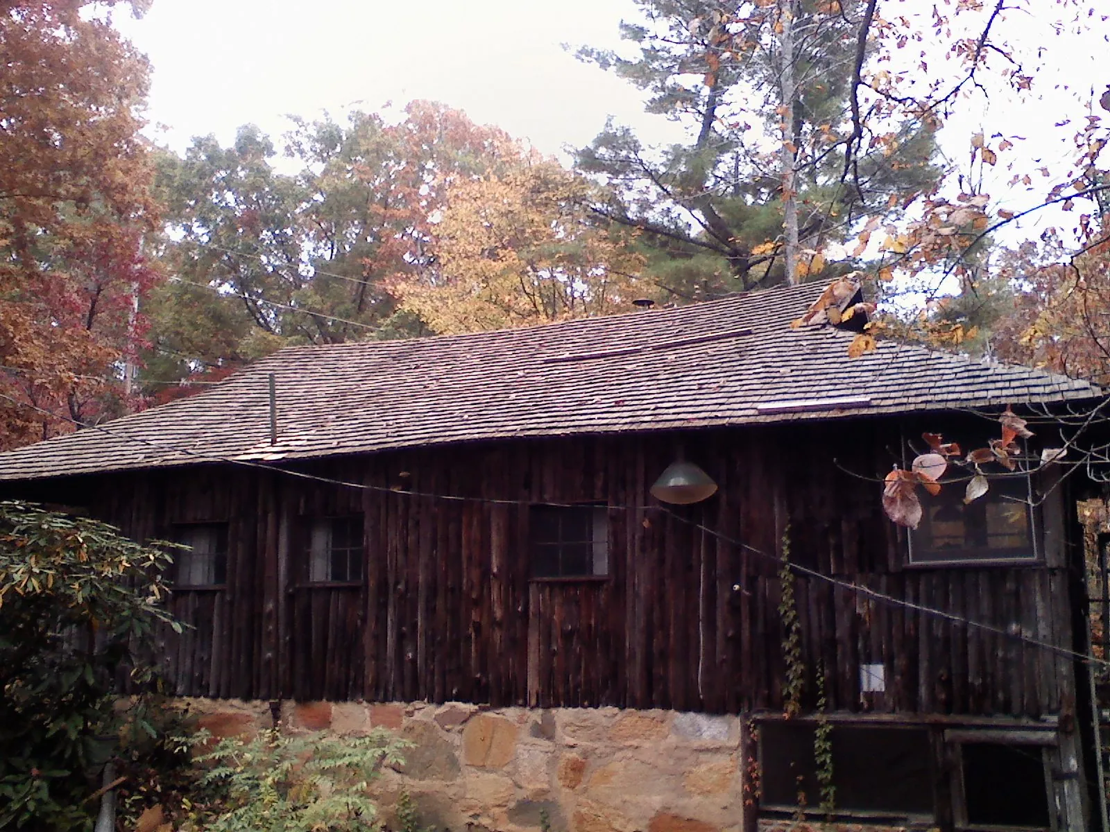 Weathered wood shake roof on a rustic board sided cabin in Wells